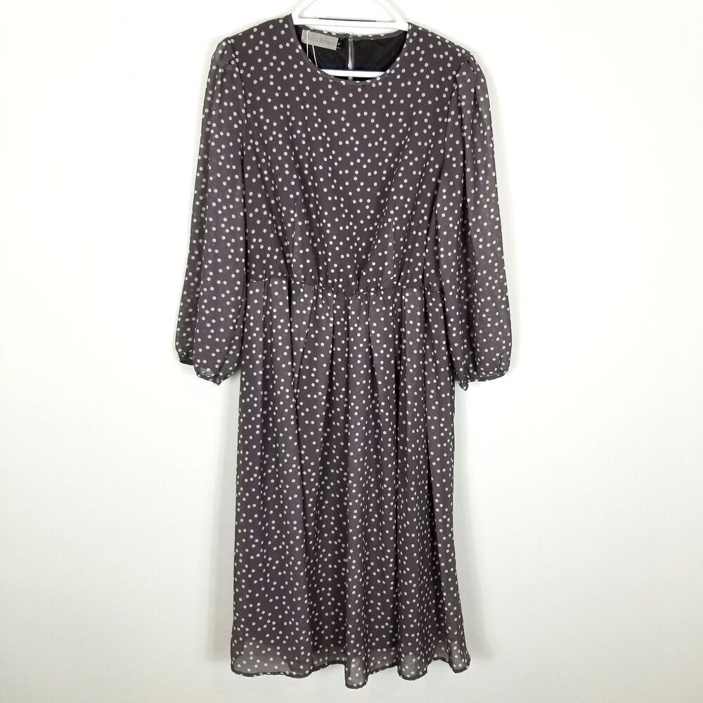 Ricco Bruno‎ Women Polka Dot Midi Dress Size XL Blush White Chiffon Long Sleeve